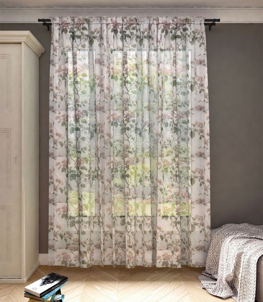 Тюль Вуаль Цветы гортензии терракотовый-зеленый/белый